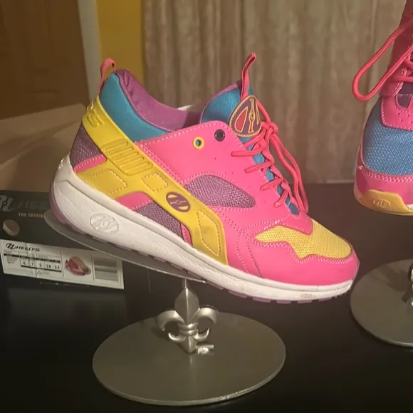 Heelys Force Skate Yth Sz 6, Wmn 7, Pink Blue, Yellow and Purple Sneaker Shoes