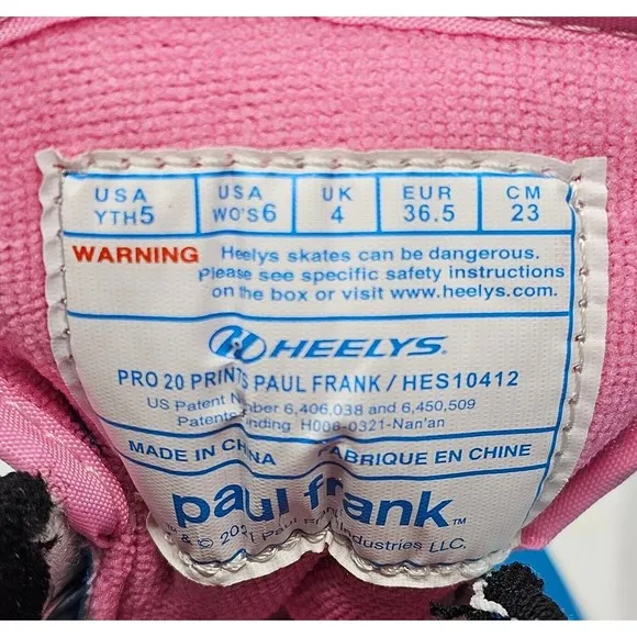 Heelys Shoes Youth 5 Womens 6 Skate Wheel Sneaker Paul Frank Pink Blue Pro 20