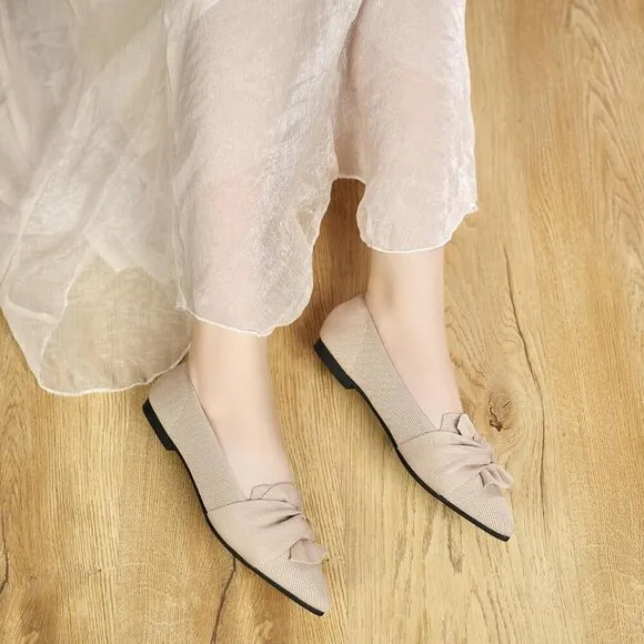 Hiulycence Flat Shoes Women Cream Knit Toe Ballet Comfortable Knit Dressy Flats