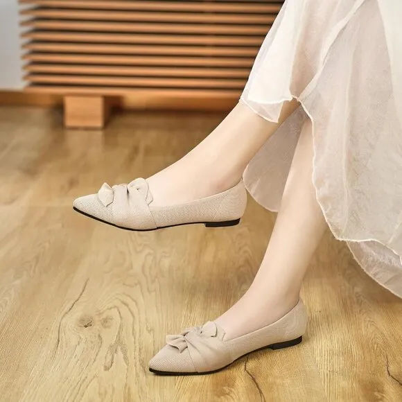 Hiulycence Flat Shoes Women Cream Knit Toe Ballet Comfortable Knit Dressy Flats