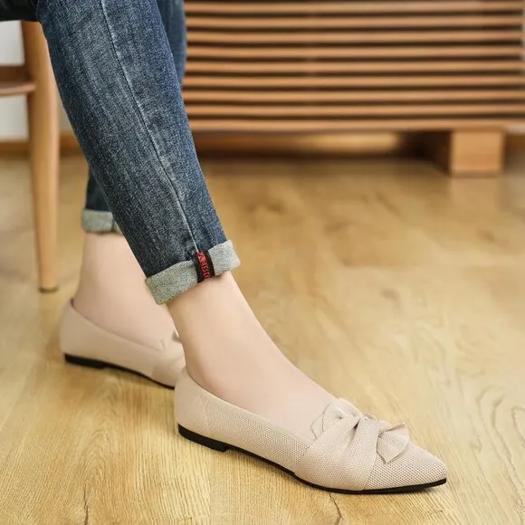 Hiulycence Flat Shoes Women Cream Knit Toe Ballet Comfortable Knit Dressy Flats