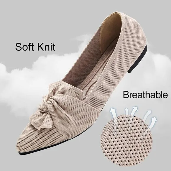 Hiulycence Flat Shoes Women Cream Knit Toe Ballet Comfortable Knit Dressy Flats