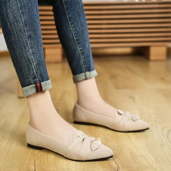 Hiulycence Flat Shoes Women Cream Knit Toe Ballet Comfortable Knit Dressy Flats