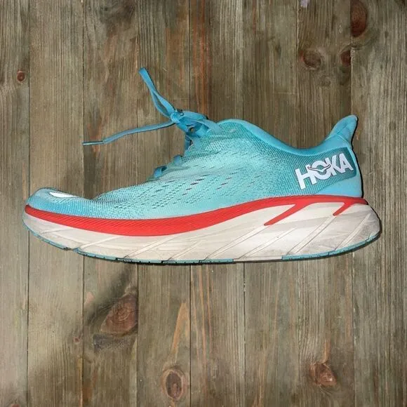 HOKA Clifton 8 Running Shoes Aquamarine Orange &amp; Tan Women’s Size 9.5