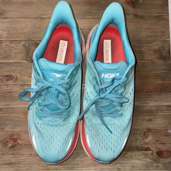 HOKA Clifton 8 Running Shoes Aquamarine Orange &amp; Tan Women’s Size 9.5