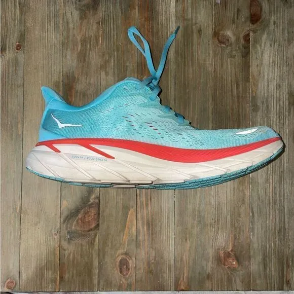 HOKA Clifton 8 Running Shoes Aquamarine Orange &amp; Tan Women’s Size 9.5