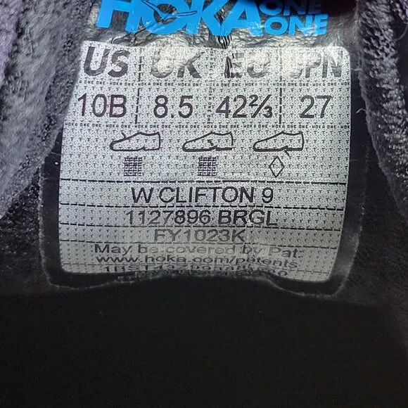 Hoka One One Womens Clifton 9 1127896 BRGL Black Running Shoes Sneaker Size 10 B