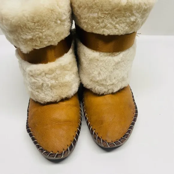 Jessica Simpson Shearling Suede Mukluk Boots Tan Buckle Size 8/8.5 Apres Ski