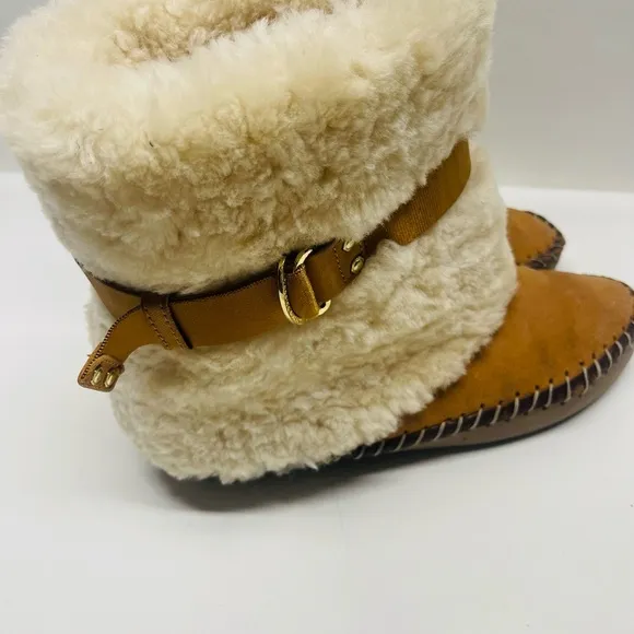 Jessica Simpson Shearling Suede Mukluk Boots Tan Buckle Size 8/8.5 Apres Ski