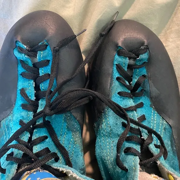 La Sportiva Teal and Black ‘Climbing On The Moon’ Climbing Shoes with new soles