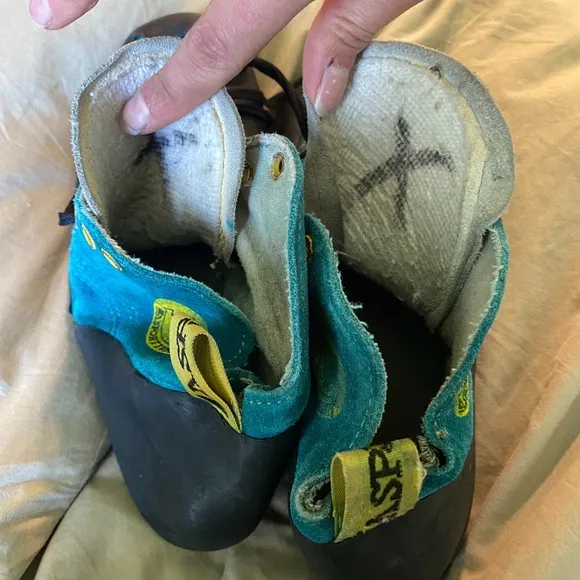 La Sportiva Teal and Black ‘Climbing On The Moon’ Climbing Shoes with new soles