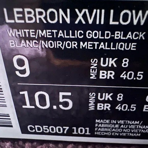 LeBron 17 Low 'Metallic Gold'; men’s size 9