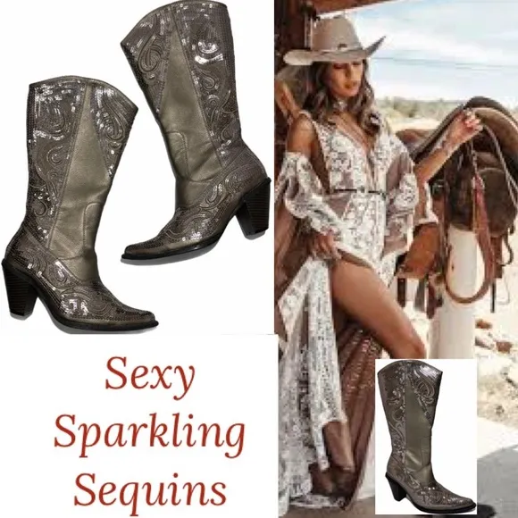 Luxury Sequin Cowboy Boots Iridescent Silver Bronze Sparkle Sexy Glamour Size 6