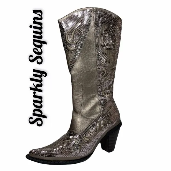 Luxury Sequin Cowboy Boots Iridescent Silver Bronze Sparkle Sexy Glamour Size 6