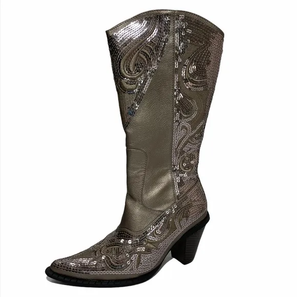 Luxury Sequin Cowboy Boots Iridescent Silver Bronze Sparkle Sexy Glamour Size 6