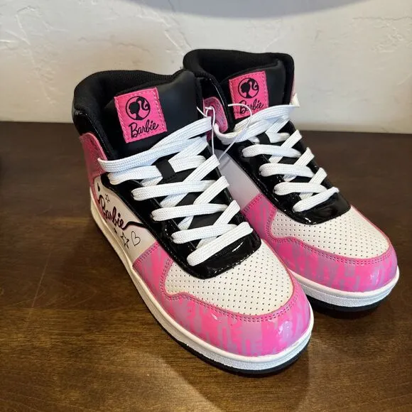 Mattel Barbie Lace Up High Top Sneakers Girls Kid Size 4 Shoes Pink White Black