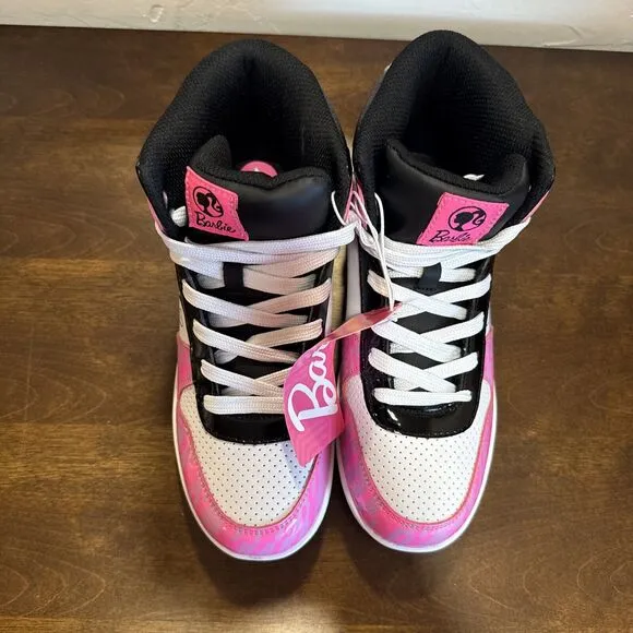 Mattel Barbie Lace Up High Top Sneakers Girls Kid Size 4 Shoes Pink White Black