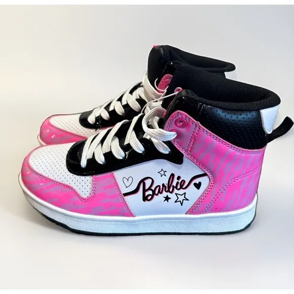 Mattel Barbie Lace Up High Top Sneakers Girls Kid Size 4 Shoes Pink White Black