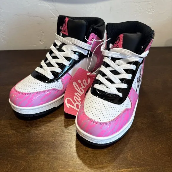 Mattel Barbie Lace Up High Top Sneakers Girls Kid Size 4 Shoes Pink White Black