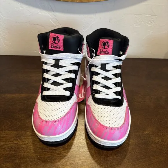 Mattel Barbie Lace Up High Top Sneakers Girls Kid Size 4 Shoes Pink White Black