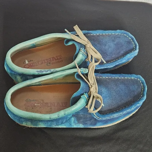 Men's Blue &amp; Green Wallabee Clarks 36405 Low Top Suede Shoes, sz 8M