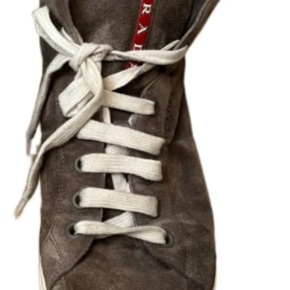 Men's Gray Prada Linea Rossa Suede Side Zip High Top Sneaker.  Size 8.5