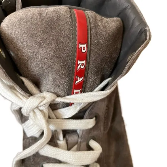 Men's Gray Prada Linea Rossa Suede Side Zip High Top Sneaker.  Size 8.5