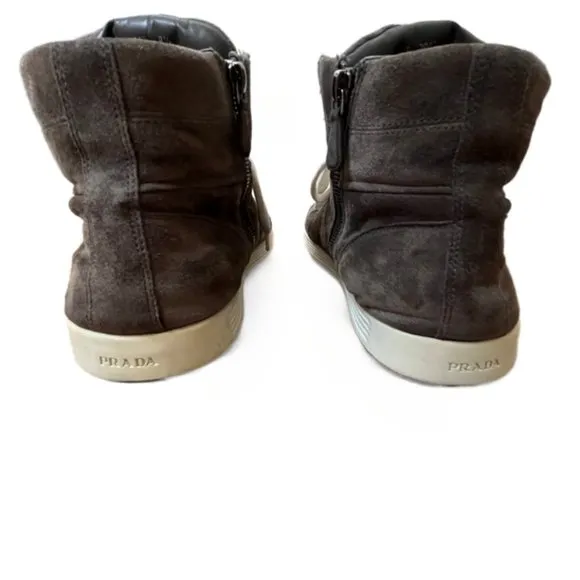 Men's Gray Prada Linea Rossa Suede Side Zip High Top Sneaker.  Size 8.5