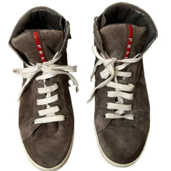 Men's Gray Prada Linea Rossa Suede Side Zip High Top Sneaker.  Size 8.5