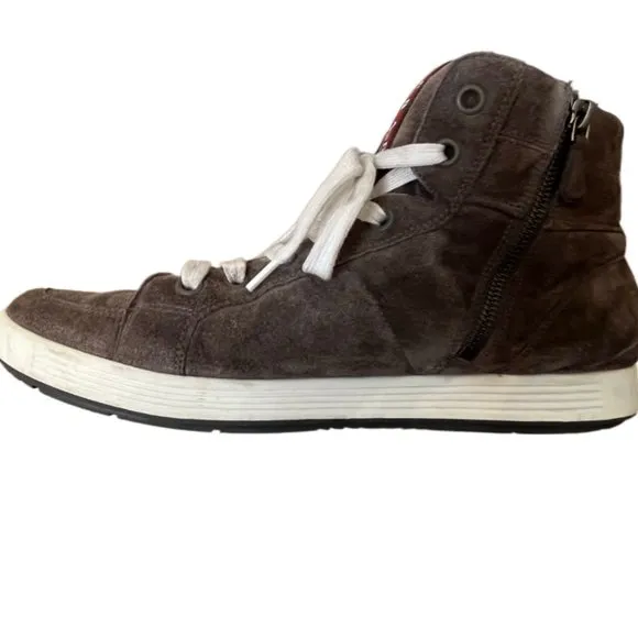 Men's Gray Prada Linea Rossa Suede Side Zip High Top Sneaker.  Size 8.5