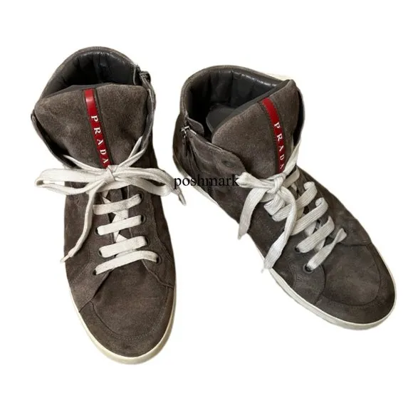 Men's Gray Prada Linea Rossa Suede Side Zip High Top Sneaker.  Size 8.5