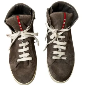 Men's Gray Prada Linea Rossa Suede Side Zip High Top Sneaker.  Size 8.5