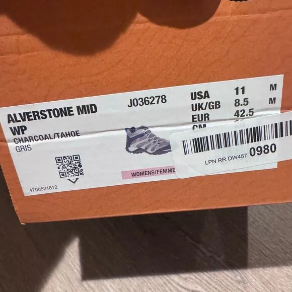 Merrell Womens Alverstone Mid Waterproof Hiking Boots Charcoal/Tahoe Size 11 NWT