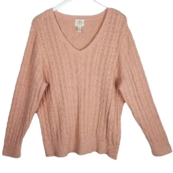 Metallic Rose Gold Cable Knit Sweater St John’s Bay Pink Sparkle VNeck Size 3X