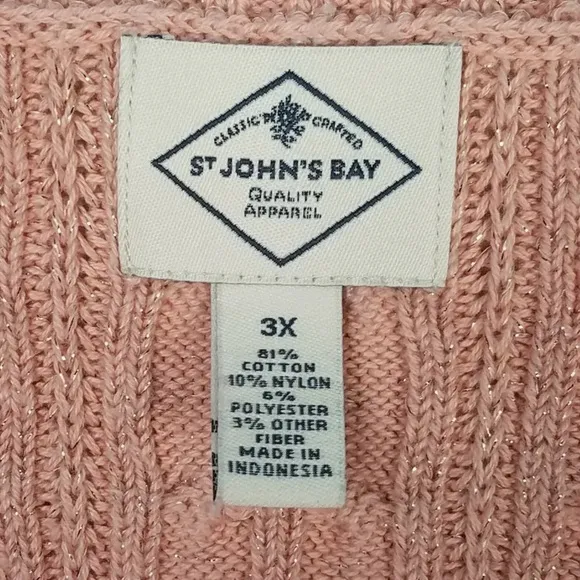 Metallic Rose Gold Cable Knit Sweater St John’s Bay Pink Sparkle VNeck Size 3X
