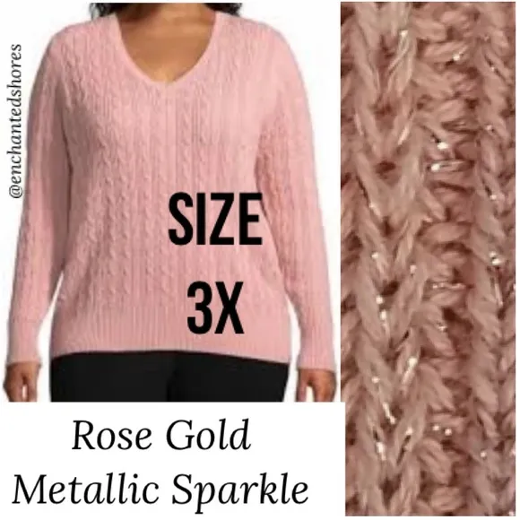 Metallic Rose Gold Cable Knit Sweater St John’s Bay Pink Sparkle VNeck Size 3X