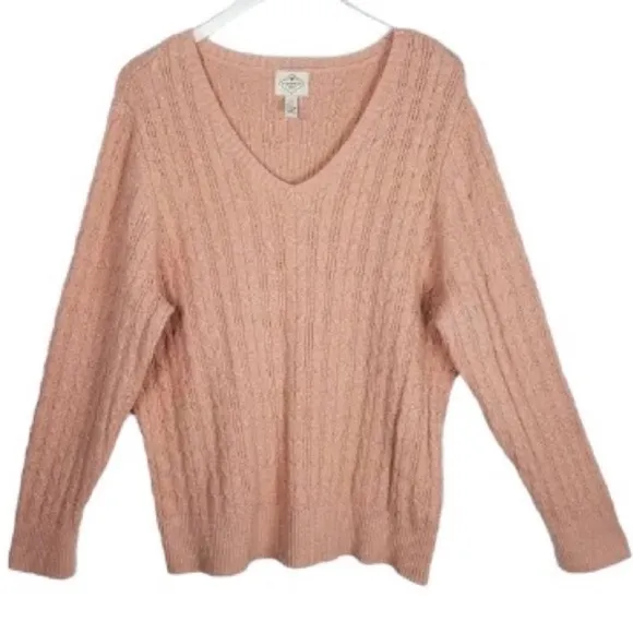 Metallic Rose Gold Cable Knit Sweater St John’s Bay Pink Sparkle VNeck Size 3X