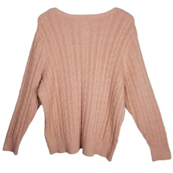 Metallic Rose Gold Cable Knit Sweater St John’s Bay Pink Sparkle VNeck Size 3X