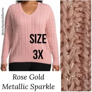 Metallic Rose Gold Cable Knit Sweater St John’s Bay Pink Sparkle VNeck Size 3X