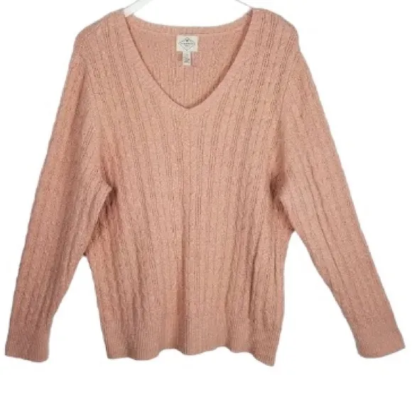 Metallic Rose Gold Cable Knit Sweater St John’s Bay Pink Sparkle VNeck Size 3X