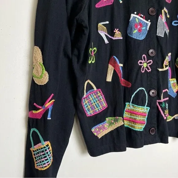 Michael Simon Lite Cotton Cardigan Embroidered Bag Shoe Shopping Theme Top Small