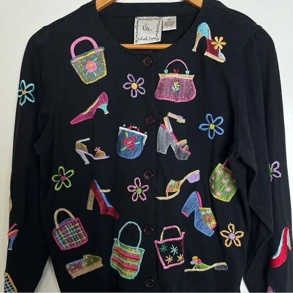 Michael Simon Lite Cotton Cardigan Embroidered Bag Shoe Shopping Theme Top Small