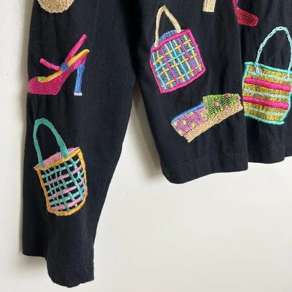 Michael Simon Lite Cotton Cardigan Embroidered Bag Shoe Shopping Theme Top Small