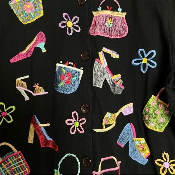 Michael Simon Lite Cotton Cardigan Embroidered Bag Shoe Shopping Theme Top Small