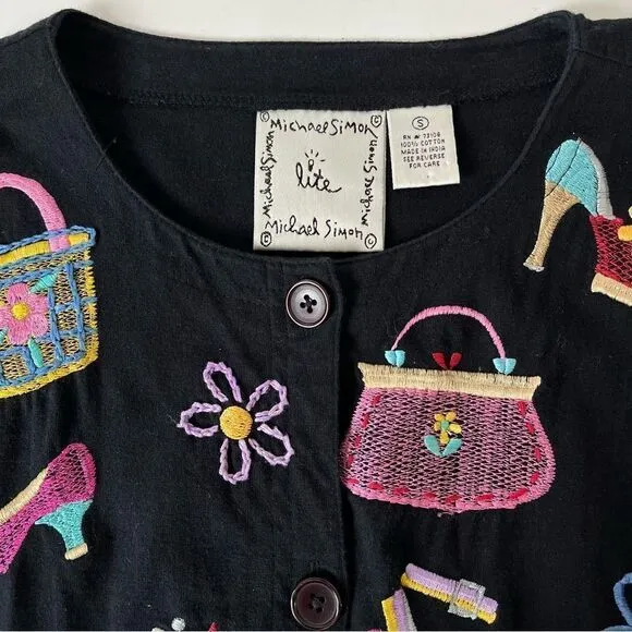Michael Simon Lite Cotton Cardigan Embroidered Bag Shoe Shopping Theme Top Small