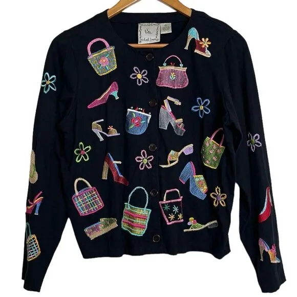 Michael Simon Lite Cotton Cardigan Embroidered Bag Shoe Shopping Theme Top Small