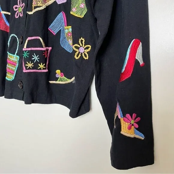 Michael Simon Lite Cotton Cardigan Embroidered Bag Shoe Shopping Theme Top Small
