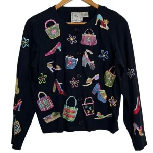 Michael Simon Lite Cotton Cardigan Embroidered Bag Shoe Shopping Theme Top Small