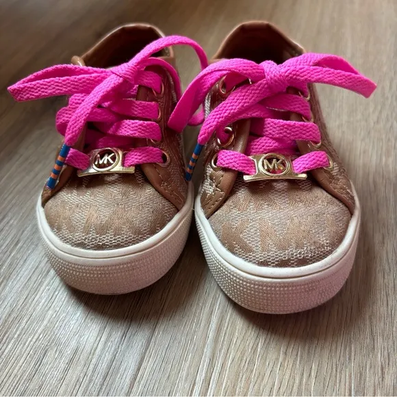 Micheal Kors Baby Girl Shoes Brown Tan Gold Pink White MK Logo Size 5