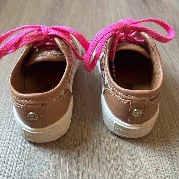 Micheal Kors Baby Girl Shoes Brown Tan Gold Pink White MK Logo Size 5